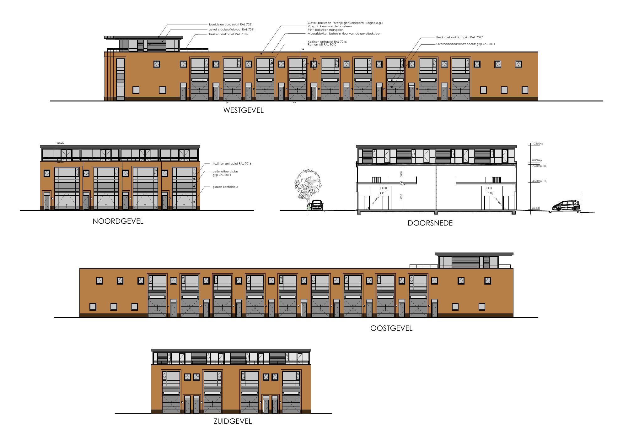 Gevelaanzichten en doorsnede No Limits Noordwijk - bakstenen gevel, overhead deuren
