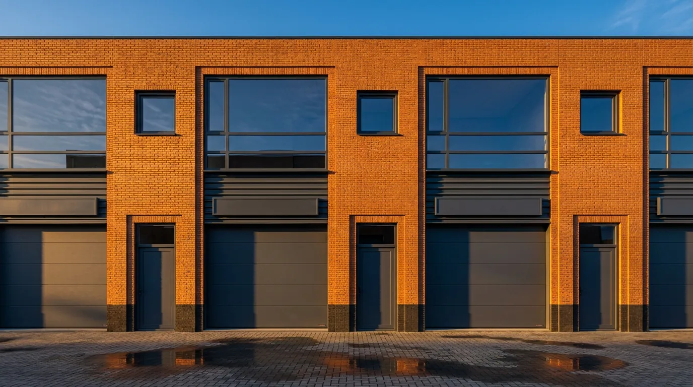 Detail van de bakstenen gevel met antraciete kozijnen